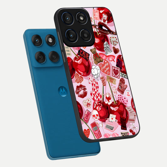 Sweet Cherry Chaos phone case For Moto Edge 60 showing premium glass back cover with detailed artwork