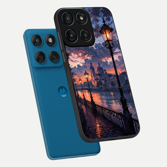 Twilight River Lights phone case For Moto Edge 60 showing premium glass back cover with detailed artwork