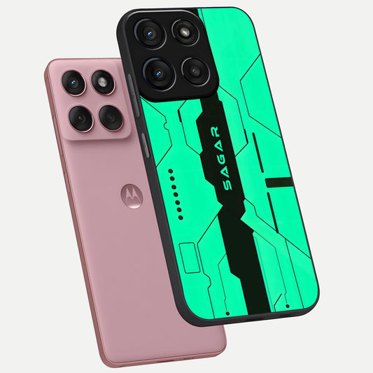 Aqua Tech CYBERPUNK Custom Name phone case For Moto Edge 60 Fusion showing premium glass back cover with detailed artwork