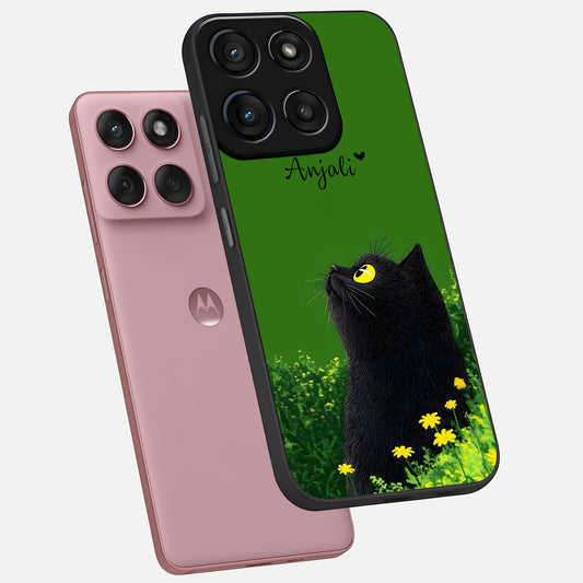 Emerald Cat Custom Name phone case For Moto Edge 60 Fusion showing premium glass back cover with detailed artwork