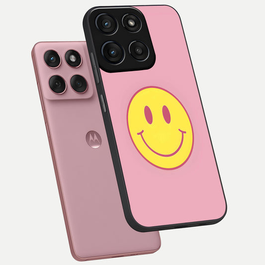 Happy Pink Mood phone case For Moto Edge 60 Fusion showing premium glass back cover with detailed artwork