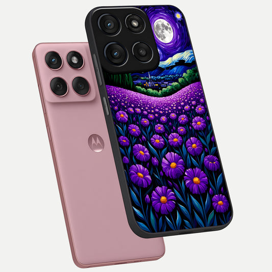 Lavender Moon Field phone case For Moto Edge 60 Fusion showing premium glass back cover with detailed artwork