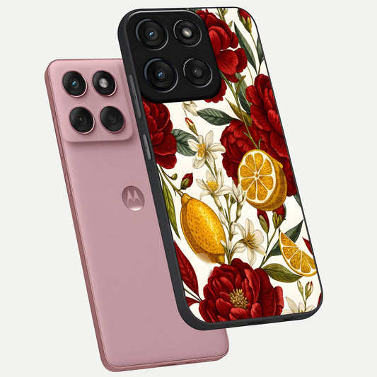Lemon Rose Charm phone case For Moto Edge 60 Fusion showing premium glass back cover with detailed artwork