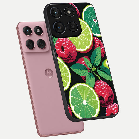 Lime and Raspberry Pattern phone case For Moto Edge 60 Fusion showing premium glass back cover with detailed artwork
