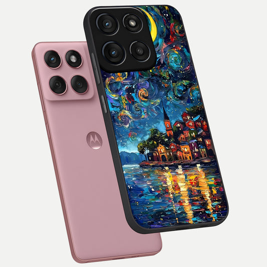 Moonlight Harbor Glow phone case For Moto Edge 60 Fusion showing premium glass back cover with detailed artwork