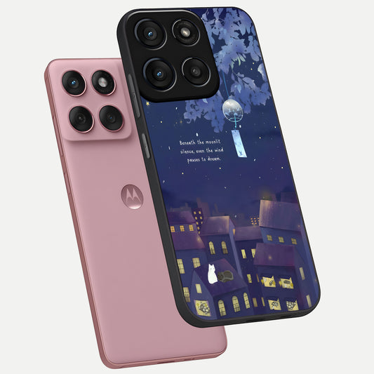 Moonlit Cat Silence phone case For Moto Edge 60 Fusion showing premium glass back cover with detailed artwork