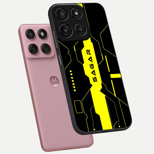 Neon CYBERPUNK Custom Name phone case For Moto Edge 60 Fusion showing premium glass back cover with detailed artwork