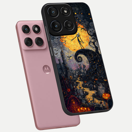 Pumpkin Moon Night phone case For Moto Edge 60 Fusion showing premium glass back cover with detailed artwork