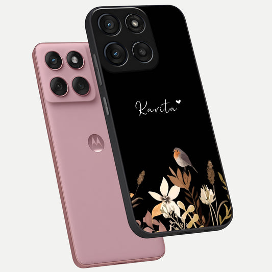 Quiet Garden Tune Custom Name phone case For Moto Edge 60 Fusion showing premium glass back cover with detailed artwork
