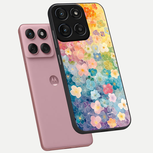 Rainbow Blossom Burst phone case For Moto Edge 60 Fusion showing premium glass back cover with detailed artwork