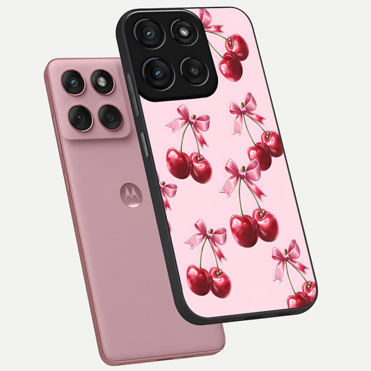 Red Cherries Pattern phone case For Moto Edge 60 Fusion showing premium glass back cover with detailed artwork