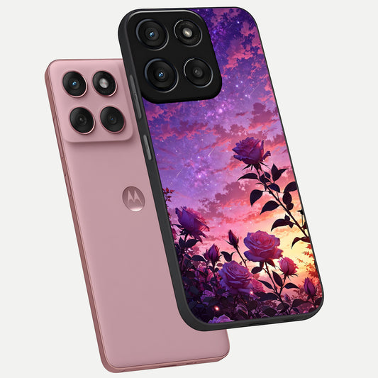 Starlit Rose Twilight phone case For Moto Edge 60 Fusion showing premium glass back cover with detailed artwork