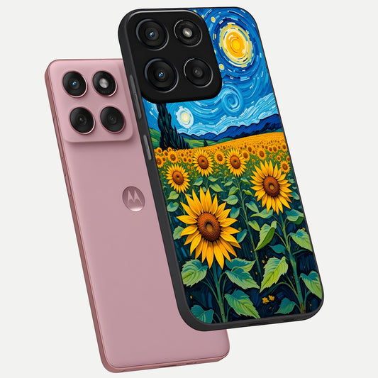 Starry Sunflower Dreams phone case For Moto Edge 60 Fusion showing premium glass back cover with detailed artwork