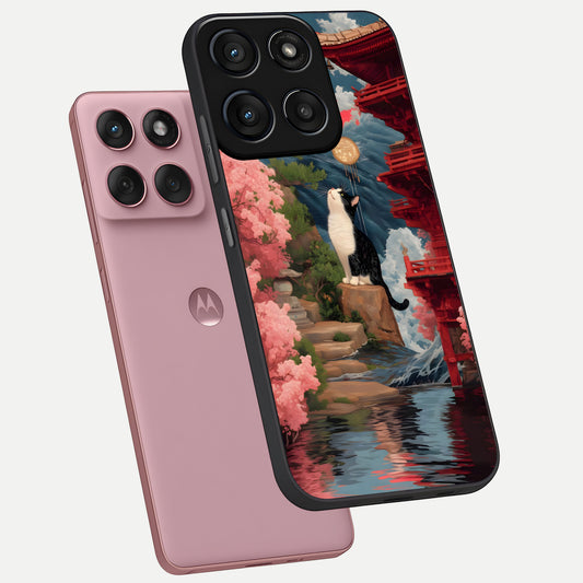 Temple Cat Scenery phone case For Moto Edge 60 Fusion showing premium glass back cover with detailed artwork