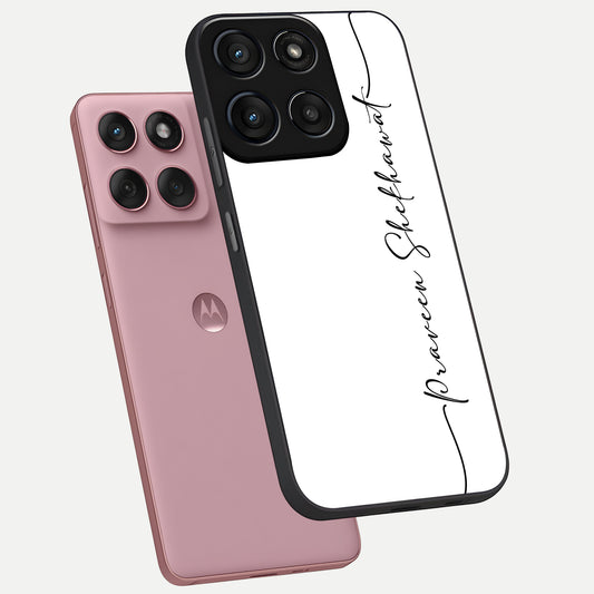 White Tune Custom Name phone case For Moto Edge 60 Fusion showing premium custom name glass back cover