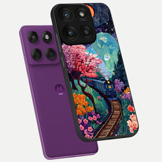 Celestial Train Journey phone case For Moto Edge 60 Pro showing premium glass back cover with detailed artwork
