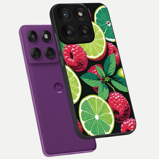 Lime and Raspberry Pattern phone case For Moto Edge 60 Pro showing premium glass back cover with detailed artwork