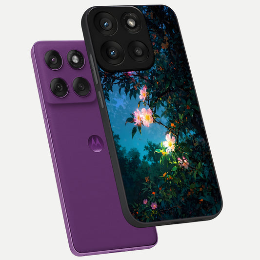 Midnight Bloom Glow phone case For Moto Edge 60 Pro showing premium glass back cover with detailed artwork