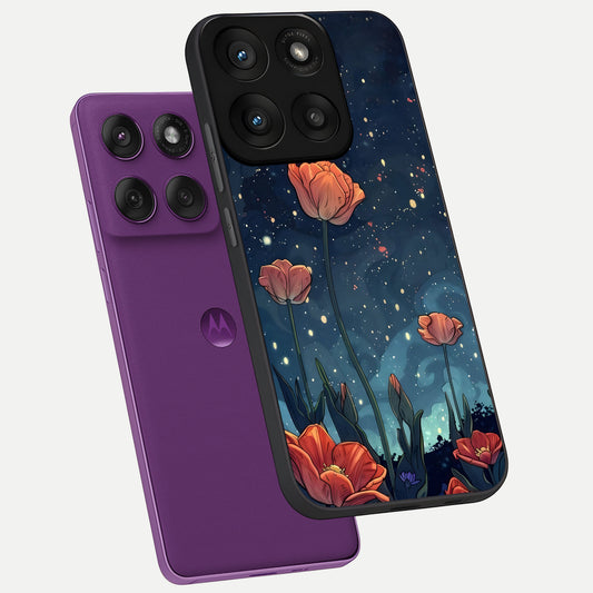 Midnight Tulip Glow phone case For Moto Edge 60 Pro showing premium glass back cover with detailed artwork