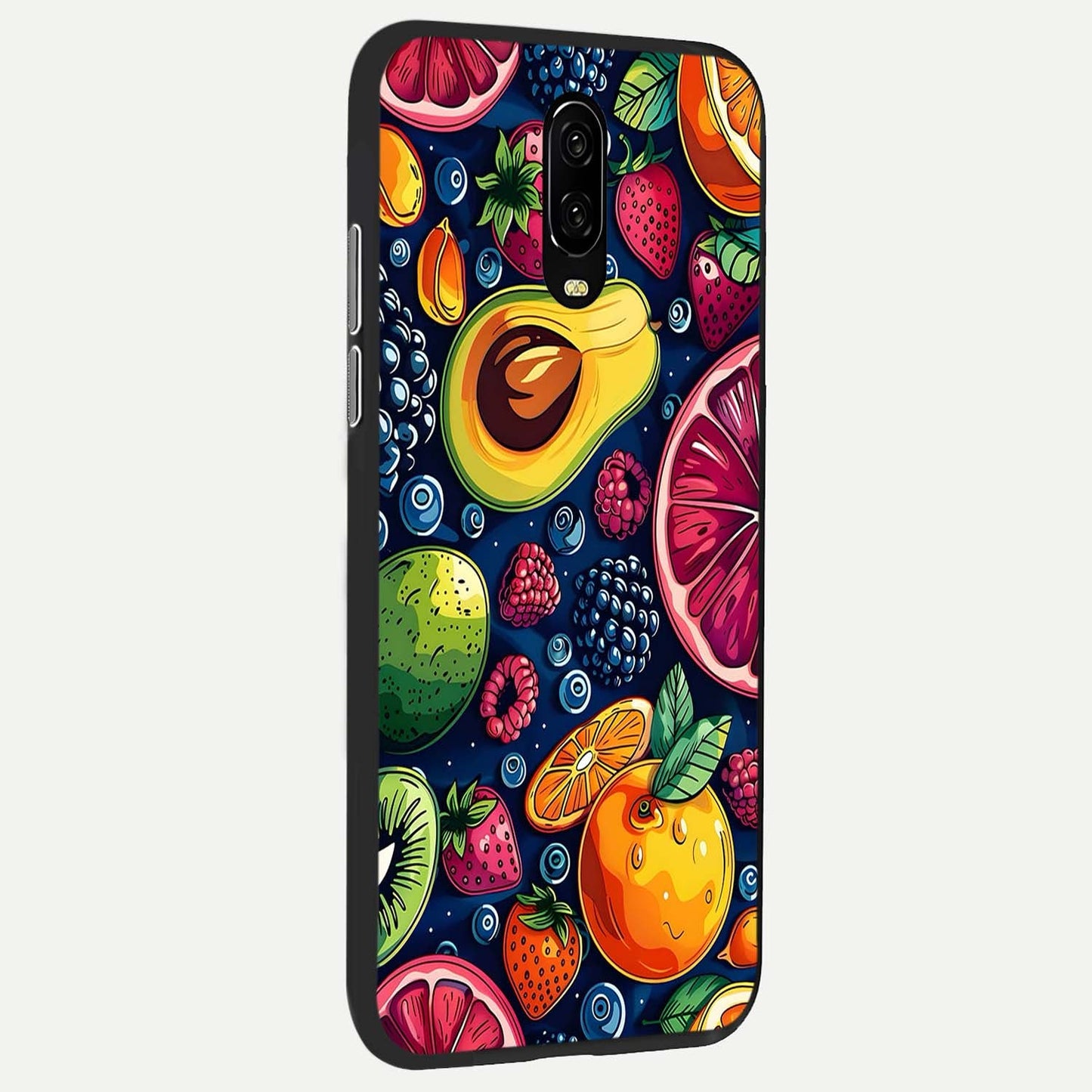 Cute Fruits Art Glass Case showing full back design in clean flat view with playful fruit illustrations and glossy glass finish.