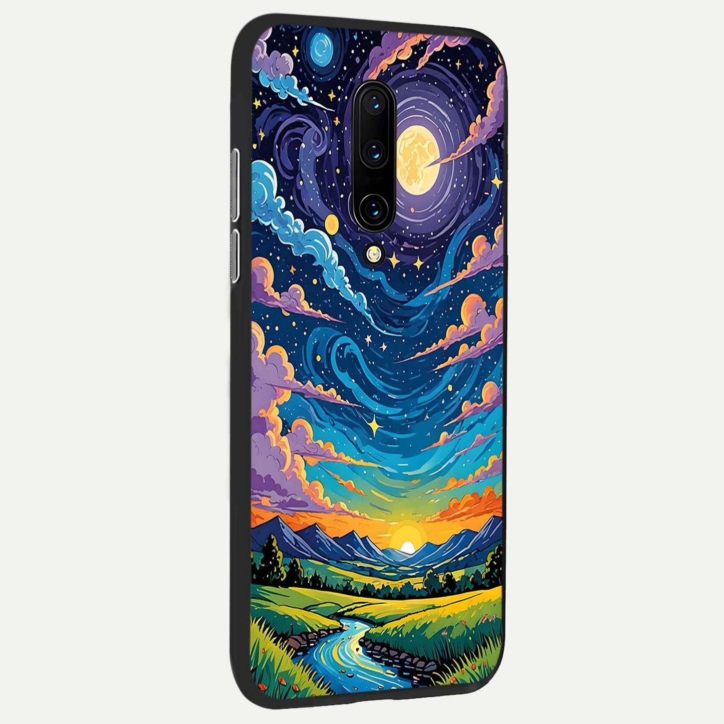 Dreamy Night Landscape Glass Case showing full back design in clean flat view with serene night scenery and glossy glass finish.
