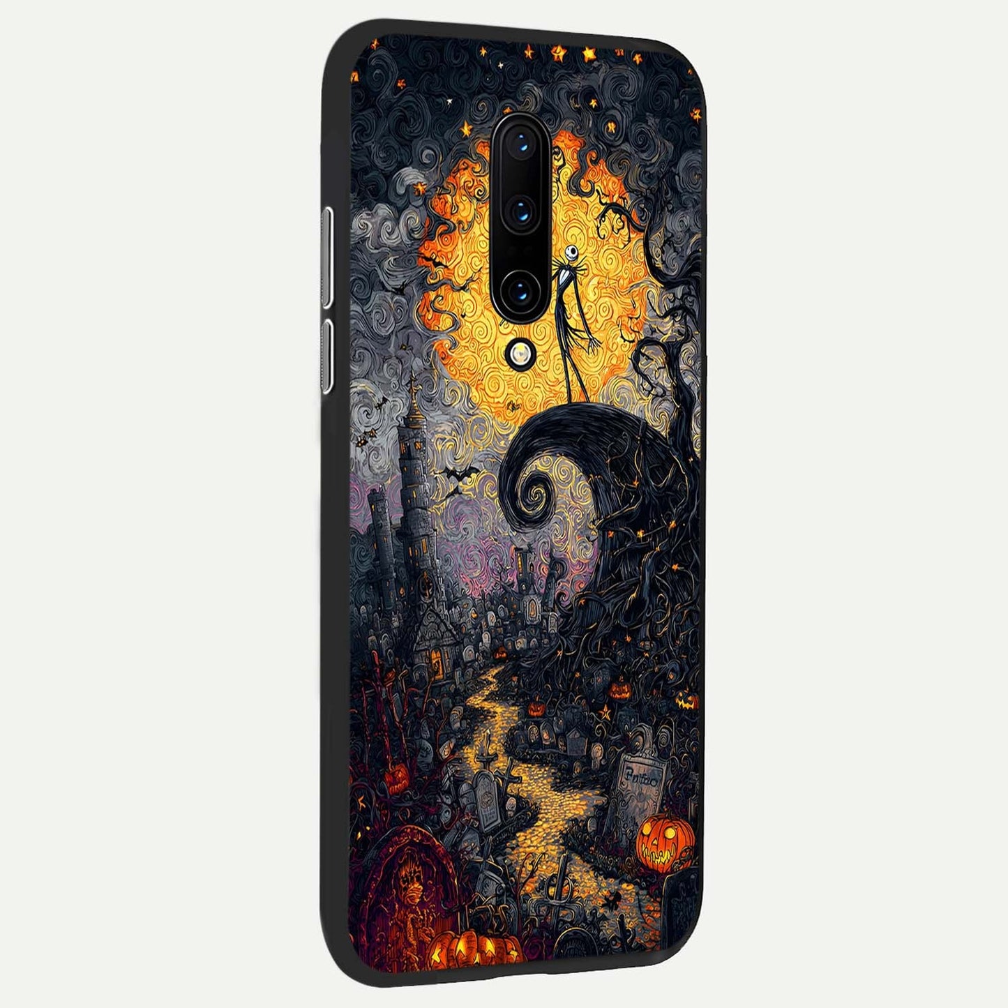 Pumpkin Moon Night Glass Case showing full back design in clean flat view with pumpkin and moon night artwork and glossy glass finish.