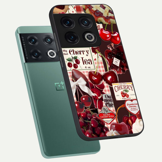 Aesthetic Cherry Tea phone case For OnePlus 10 Pro showing premium glass back cover with detailed artwork