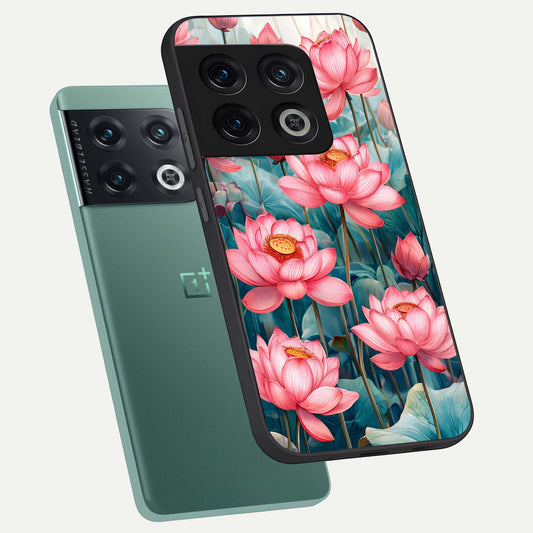 Celestial Pink Lotus phone case For OnePlus 10 Pro showing premium glass back cover with detailed artwork