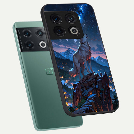 Celestial Wolf Howl phone case For OnePlus 10 Pro showing premium glass back cover with detailed artwork