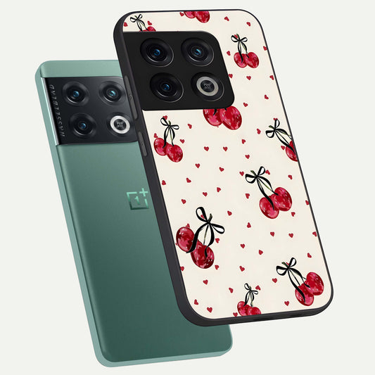 Cherry Heart Bow phone case For OnePlus 10 Pro showing premium glass back cover with detailed artwork