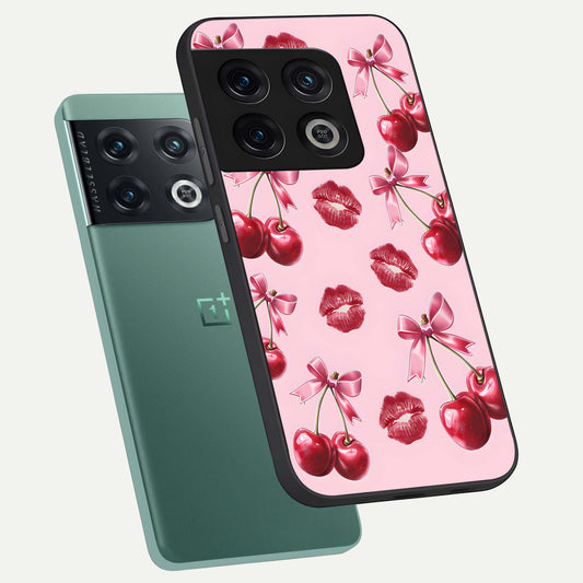 Cherry With Lips phone case For OnePlus 10 Pro showing premium glass back cover with detailed artwork