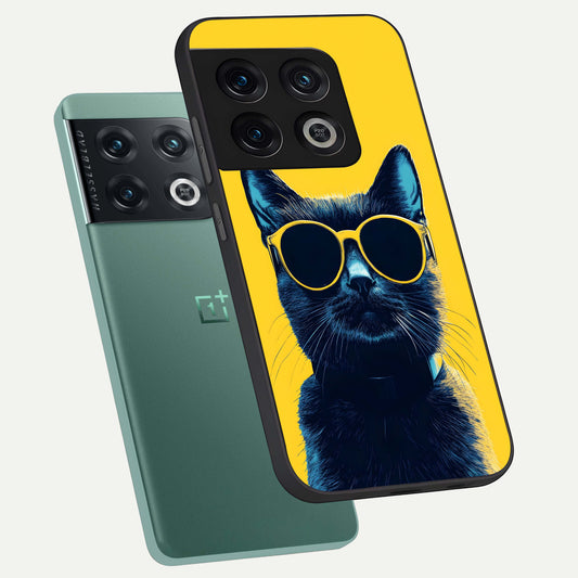 Cool Cat Vibes phone case For OnePlus 10 Pro showing premium glass back cover with detailed artwork