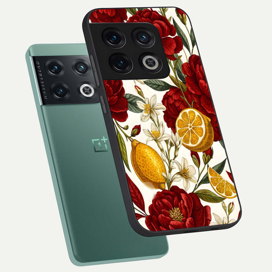 Lemon Rose Charm phone case For OnePlus 10 Pro showing premium glass back cover with detailed artwork