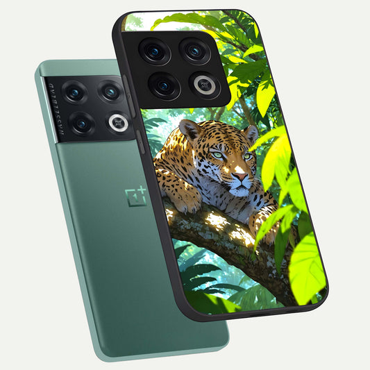 Leopard in Jungle phone case For OnePlus 10 Pro showing premium glass back cover with detailed artwork