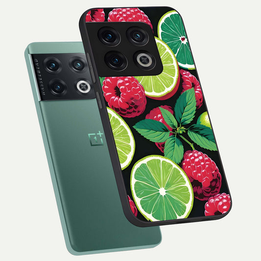 Lime and Raspberry Pattern phone case For OnePlus 10 Pro showing premium glass back cover with detailed artwork