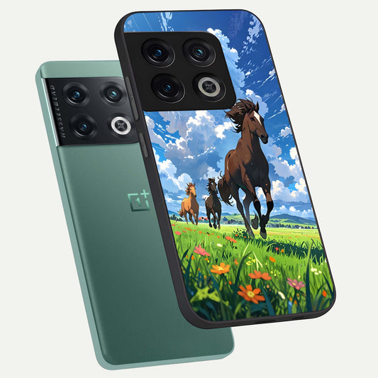Majestic Horses Galloping phone case For OnePlus 10 Pro showing premium glass back cover with detailed artwork