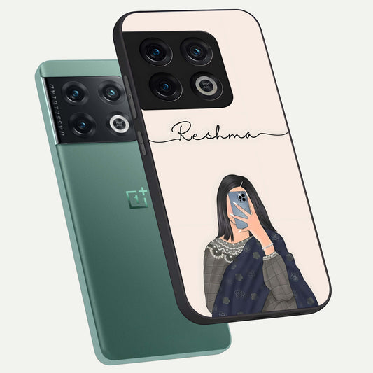 Mirror Mood Muse With Custom Name phone case For OnePlus 10 Pro showing premium glass back cover with detailed artwork