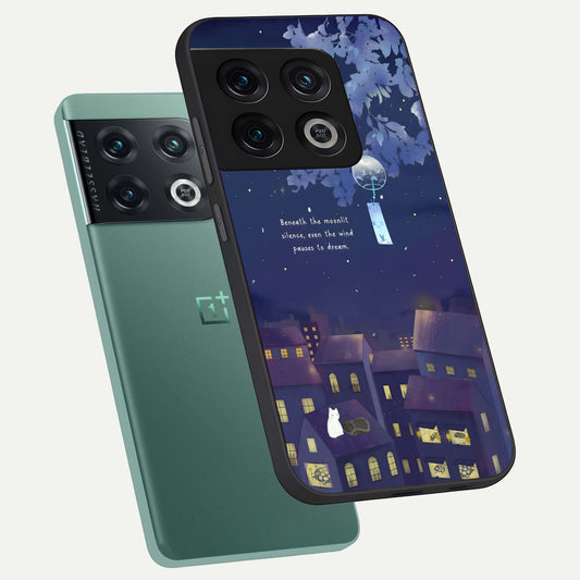 Moonlit Cat Silence phone case For OnePlus 10 Pro showing premium glass back cover with detailed artwork