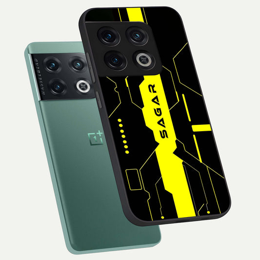 Neon CYBERPUNK Custom Name phone case For OnePlus 10 Pro showing premium glass back cover with detailed artwork
