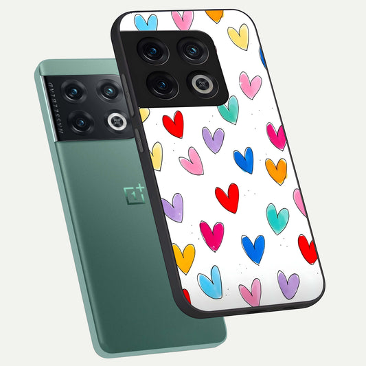 Playful Love Doodles phone case For OnePlus 10 Pro showing premium glass back cover with detailed artwork