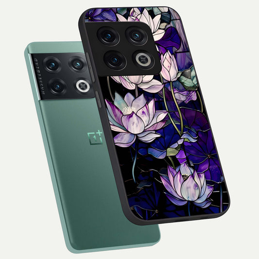 Purple Lotus Pattern phone case For OnePlus 10 Pro showing premium glass back cover with detailed artwork