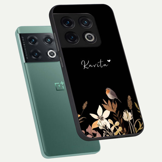 Quiet Garden Tune Custom Name phone case For OnePlus 10 Pro showing premium glass back cover with detailed artwork