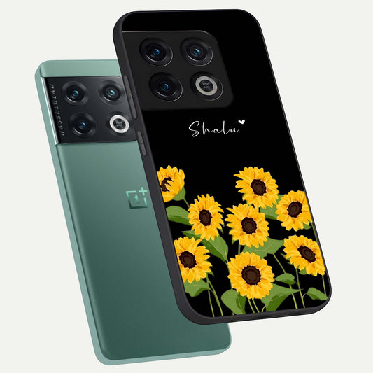 Sunflower Sky Bloom phone case For OnePlus 10 Pro showing premium glass back cover with detailed artwork