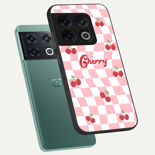 Sweet Cherry Vibes phone case For OnePlus 10 Pro showing premium glass back cover with detailed artwork
