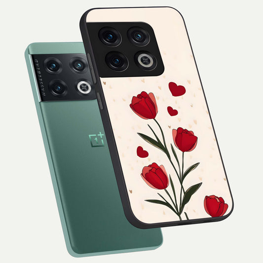 Tulip With Heart phone case For OnePlus 10 Pro showing premium glass back cover with detailed artwork