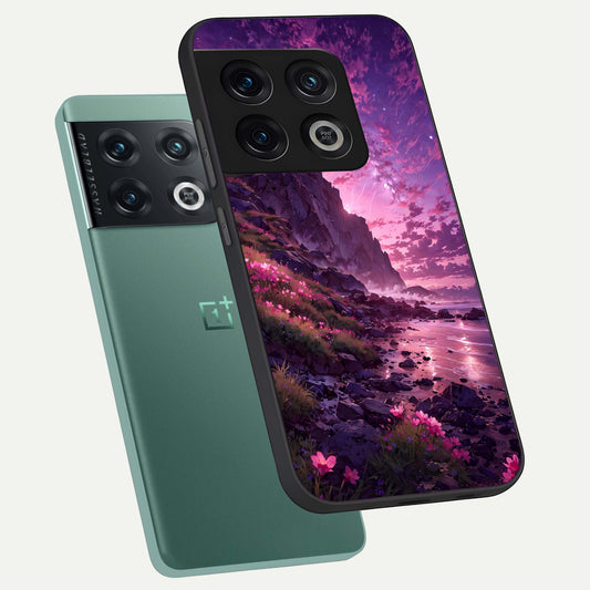 Twilight Blossom Coast phone case For OnePlus 10 Pro showing premium glass back cover with detailed artwork