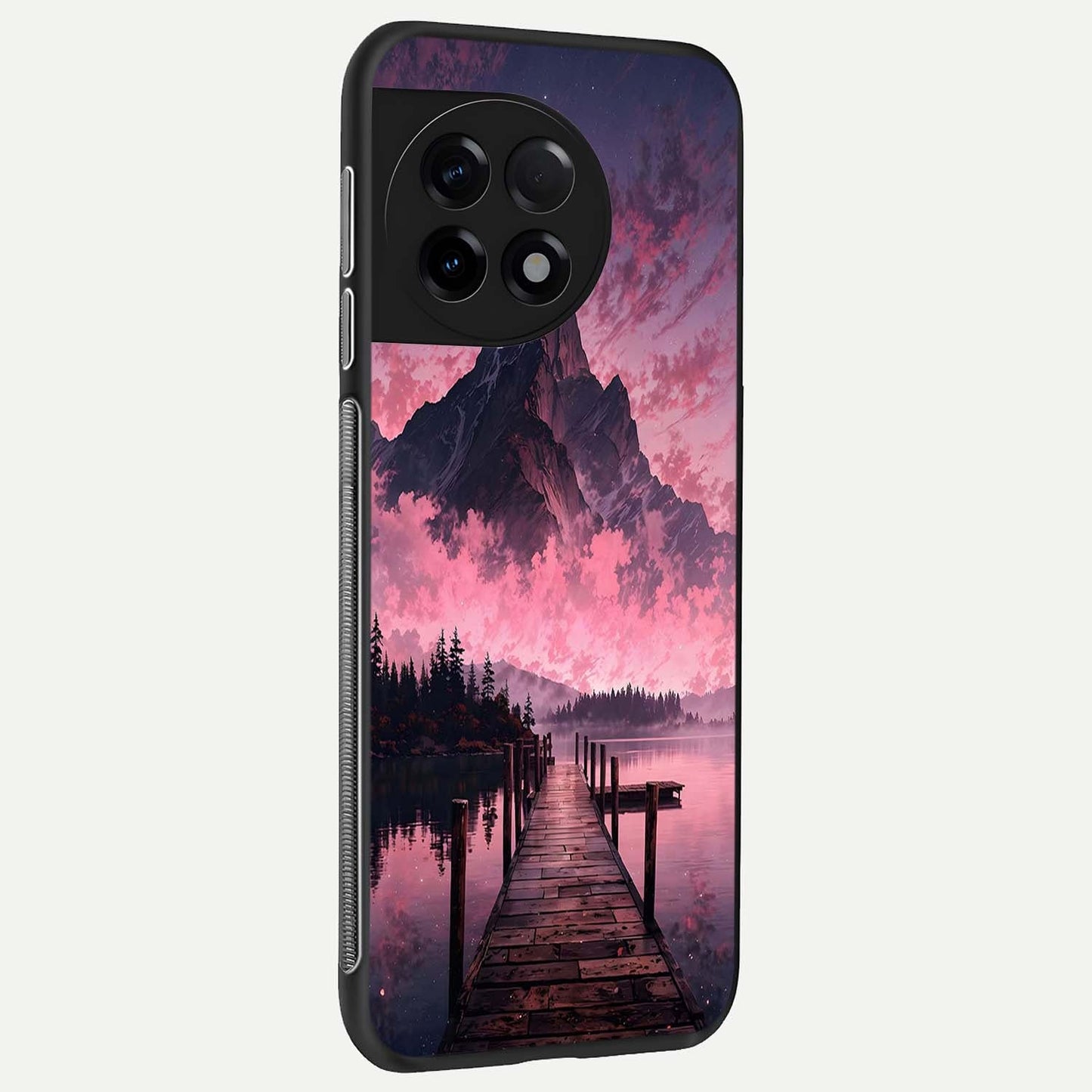 Beautiful Mountain View Glass Case showing full back design in clean flat view with serene mountain scenery and glossy glass finish.