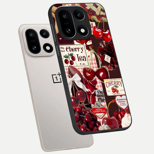 Aesthetic Cherry Tea phone case For Oneplus 15 showing premium glass back cover with detailed artwork