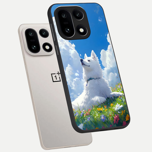 Blissful Cloud Pup phone case For Oneplus 15 showing premium glass back cover with detailed artwork
