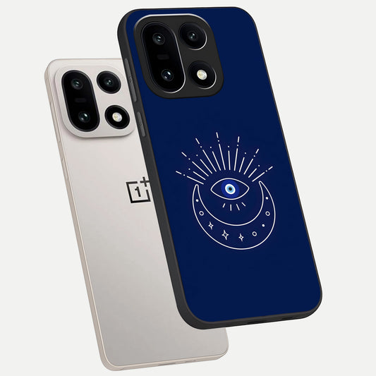 Blue Evil Eye phone case For Oneplus 15 showing premium glass back cover with detailed artwork